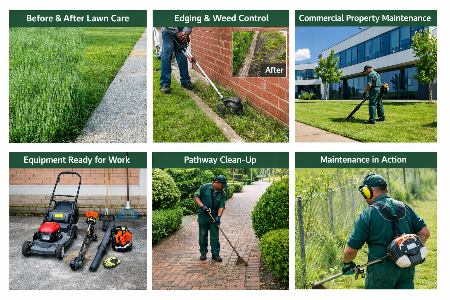Scheduled lawn maintenance (before & after)  Precision edging and weed control  Routine grounds maintenance at commercial properties  Equipment prepared for scheduled servicing  Clean, safe outdoor walkways  Grounds maintenance in progress